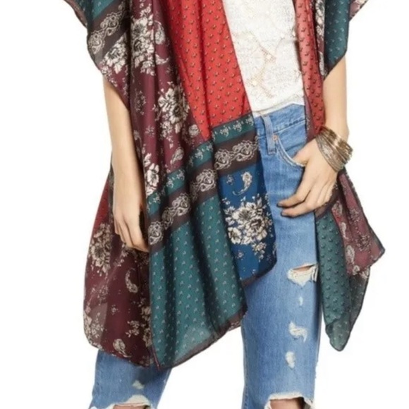 Free People New Mon Cherry boho satin patchwork kimono - Picture 10 of 12